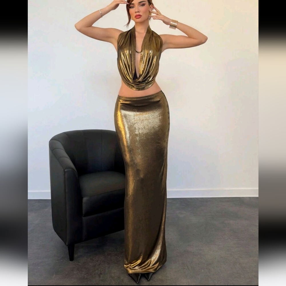 Party Halter Deep Draped Neck Backless Crop Top + Low-Waist H-Line Long Skirt - Picture 4 of 5